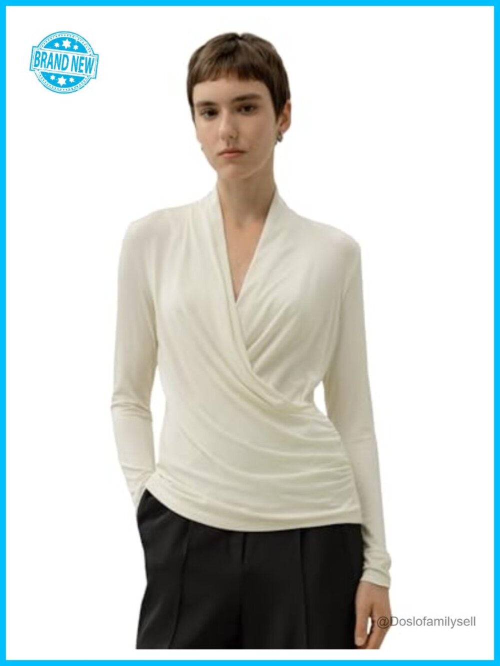 LilySilk Silk Blend V-Neck Wrap Top Long Sleeve Ruched Blouse